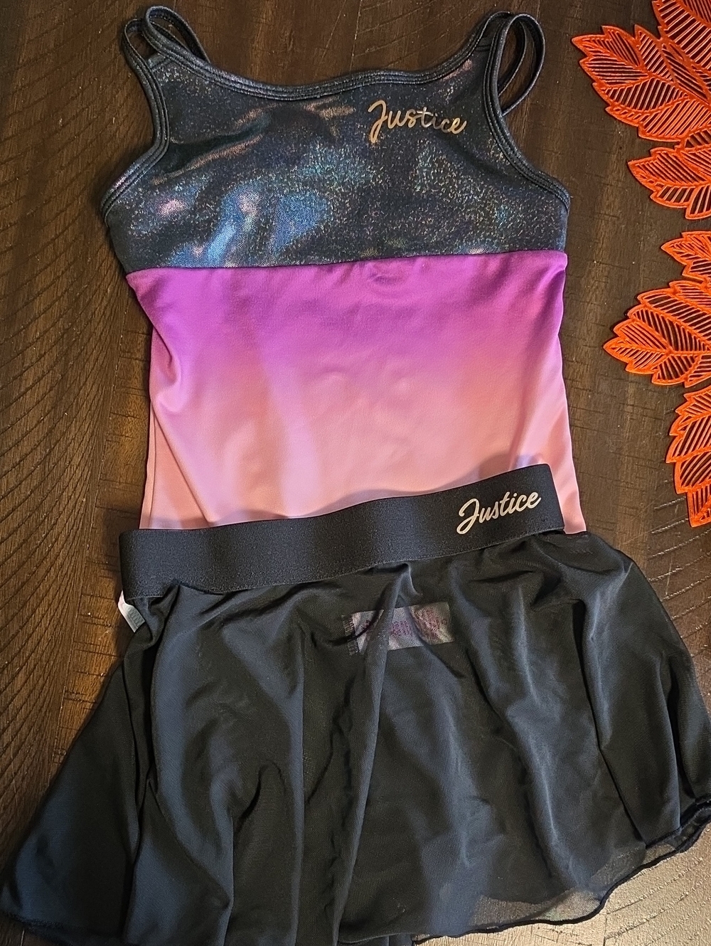 Justice Girls Black and Purple-Pink Ombre One-Piece Leothard with Skirt